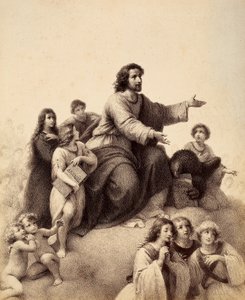 St. Johannes der Evangelist mit ausgestreckten Armen ist von Jugendlichen und Engeln umgeben; zu seinen Füßen hält ein Adler das Evangelium in seinen Klauen; ein Jugendlicher, rechts vom Heiligen, hält das Buch der Apokalypse (Die Offenbarung). Illustratio