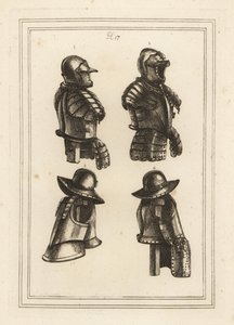 Rüstung mit Lanzenhalter, offener Helm, Arkebusenrüstung und Arkebusenrüstung mit langen Oberschenkelschienen von Unbekannt