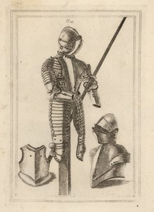 Turnierrüstung mit großem Schutz und Lanzenhalter aus dem Tower of London 1, Helm und großer Schutz 2, Bruststück eines Kürasses 3