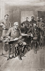 Kapitulation von Robert E. Lee vor General Ulysses S. Grant, Appomattox Court House, Virginia, am 9. April