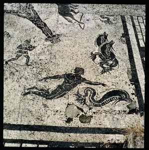 Schwimmen mit den Delfinen, aus dem Frigidarium der Bäder von Ostia, 2. Jahrhundert n. Chr. (Mosaik) von Unknown