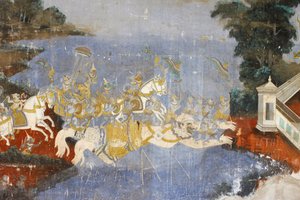 Diese Wandmalerei zeigt Szenen aus dem Reamker, der kambodschanischen Version des Ramayana, Phnom Penh, Kambodscha