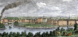 Textilfabriken entlang der Flüsse Merrimack (Merrimac) und Concord, Lowell, Massachusetts, USA in den 1830er Jahren. Farbiger Stich des 19. Jahrhunderts