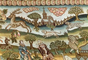 Der Bradford-Teppich, Detail von Hunden, die einen Hirsch jagen, auf Leinen gestickt, Englisch, spätes 16. Jahrhundert