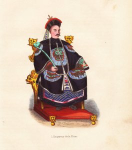 Der Kaiser von China in bestickten Roben und Hut mit Pfauenfeder auf seinem Thron sitzend. Handkolorierter Holzschnitt von Mercier nach einer Illustration von Pannemaker aus Auguste Wahlen