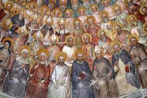 Das Baptisterium von Padua. Deckenfresken 14. Jahrhundert von Giusto de Menabuoi. Das Paradies. Segnender Christus mit Patriarchen, Propheten und Heiligen. Detail. Padua, Italien. (Foto)