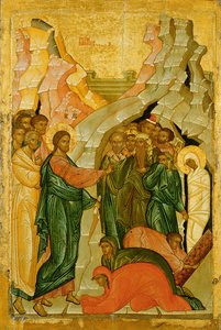 Die Auferweckung des Lazarus, russische Ikone, Nowgoroder Schule von Unbekannt