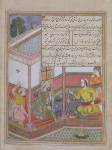 Die siebenundzwanzigste Nacht: Zarir und zwei andere Weber verkaufen Stoff an einen Mann mit einer Geldbörse, aus Tuti Nama (Tutiname) ca. 1580 von Unbekannt