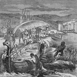 Die Wikinger mussten ihre Boote aus dem Wasser ziehen und transportieren, um Wetten zu umgehen (Gravur)