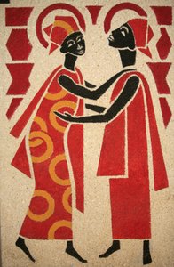 Die Heimsuchung. Das Fresko in der Keur Moussa Abteikirche wurde 1963 von Dom Georges Saget entworfen und gemalt, Keur Moussa, Senegal