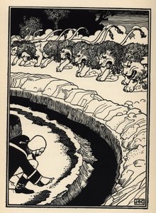 Der Baron verteidigt sich gegen den Angriff von Löwen, indem er Schießpulver anzündet. Illustration von William Strang (1859-1921) und JB Clark aus „Die Abenteuer des Baron von Münchhausen“ von Rudolf Erich Raspe (1736-1794) (1789) von Unbekannt