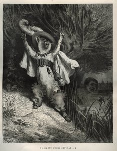 Der gestiefelte Kater ruft um Hilfe. Gravur von Gustave Doré (1832-1883) aus „Les contes“ von Charles Perrault (1628-1703) von Unbekannt
