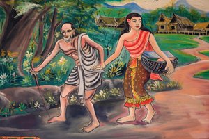 Der Tag davor. Begegnung mit dem Dorfbewohner. Der Weg der Erleuchtung. Leben des Buddha. Deckenmalerei darstellend das Leben des Buddha. Wat Inpeng, Vientiane, Laos