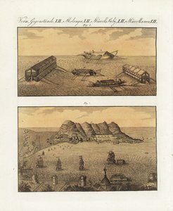 Die schwimmenden Batterien der britischen Armee in Gibraltar im Jahr 1782. Eine 210-Kanonen-Barke auf zwei Ebenen und eine weitere einstöckige Barke, entworfen vom französischen Ingenieur Arcon, um die Stadt zu bombardieren. Die schwimmenden Batterien der  von Unbekannter Künstler
