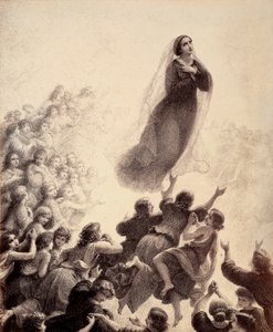 Die Geister der Seligen begleiten mit ausgestreckten Armen und Gesang Marias Rückkehr ins Empyreum. Illustration des Canto XXIII in Paradiso aus der Göttlichen Komödie von Dante Alighieri. Werk von Francesco Scaramuzza, gewidmet der Gemeinde Florenz von Unbekannter Künstler