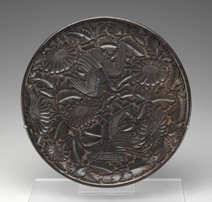 Tablett mit Kranichen und Chrysanthemen (Lack auf Holz & Stoff) von Unbekannt