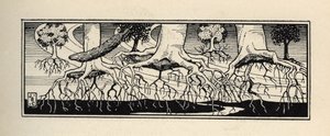 Bäume, die durch einen Sturm entwurzelt wurden, pflanzen ihre Wurzeln genau an der Stelle wieder ein, an der sie waren. Illustration von William Strang (1859-1921) und JB Clark aus „Die Abenteuer des Baron von Münchhausen“ von Rudolf Erich Raspe (1736-1794 von Unbekannt