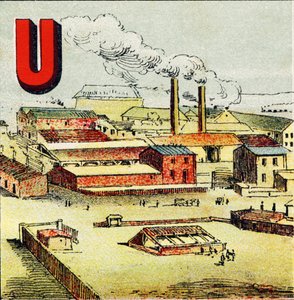 U: Fabrik. Eine Fabrik ist eine riesige Anlage mit vielen Maschinen; wie in der gigantischen Fabrik von Creusot - Gravur aus Alphabet geographique. Guerin-Muller et Cie, Verleger, Paris von Unbekannt