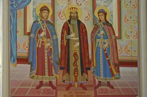 Ukraine, Kiew, St. Michaels Orthodoxes Kloster (ursprünglich 1108, rekonstruiert 2001), äußeres Fresko von Unbekannt