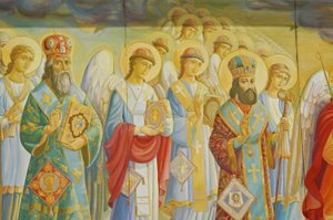 Ukraine, Kiew, St. Michaels Orthodoxes Kloster (ursprünglich 1108, rekonstruiert 2001), äußeres Fresko von Unbekannt