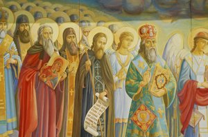 Ukraine, Kiew, St. Michaels Orthodoxes Kloster (ursprünglich 1108, rekonstruiert 2001), äußeres Fresko von Unbekannt