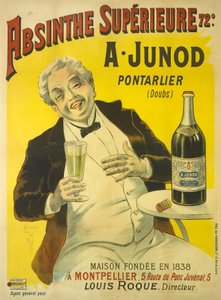 Ein Mann sitzt auf einer Bistroterrasse und lacht, während er ein Glas Absinth trinkt von Unbekannt