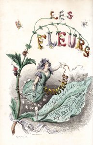 Eine Blumenfee sitzt auf einem Blatt und hält ein Band (Titelseite) - Radierung von Charles Geoffroy nach einer Illustration von Jean Ignace Isidore Gerard dit J.J.Granville für Les fleurs animées
