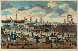 Ansicht in der Nähe von Woolwich, Kent, England, die den Einsatz von Kräften zum Bau von Pontons (entwaffnete Schiffe, die als schwimmende Gefängnisse verwendet werden) darstellt.