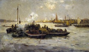 Ansicht von Limehouse, England, mit einer Beschreibung der Industrialisierung der Themse am Ende der viktorianischen Ära (spätes 19. Jahrhundert) und von Schleppern, Kuttern und Lastkähnen, im Hintergrund der Weiße Turm von St. George.