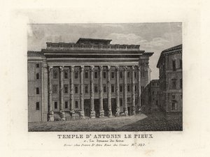 Ansicht des Hadrianstempels, Templum Divus Hadrianus, mit 11 Säulen, gewidmet von seinem Adoptivsohn Antoninus Pius, Tempel d