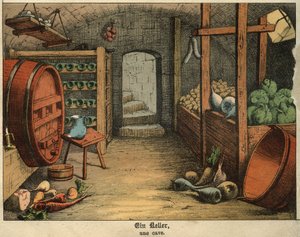 Ansicht des Inneren eines Kellers, der sowohl zur Aufbewahrung von Wein als auch von Gemüse und Wurstwaren genutzt wird. Tafel aus einem deutsch-französischen Kinderwörterbuch von Unbekannt