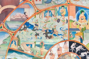 Rad des Lebens (Detail), Wandmalerei im Wat Umong, Chiang Mai, Thailand