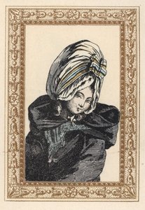 Frau in einem Nachtumhang und großem Voluptuese-Hut. Nachtfrisur, hat die Voluptuöse. Handkolorierte Lithographie von de Laubadere aus Octave Uzane