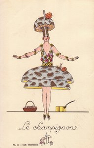 Frau im Pilzkostüm. Lithographie von unbekanntem Künstler aus Nos Travestis, Paris