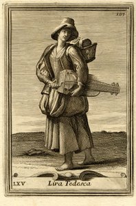 Frau spielt das alte Rad (oder "Lira tedesca" oder "ghironda"). In "Gabinetto Armonico" von Filippo Bonanni, Rom