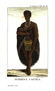 Junge San-Frau, die ein Kind stillt, Südafrika. Sie trägt einen Umhang, Halsketten und einen Perlenrock. Von Francois Le Vaillant von Unbekannter Künstler