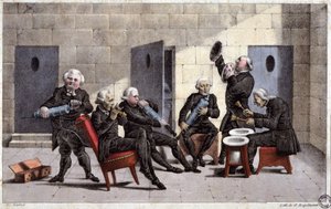 Amateure spielen eine Courante, französische Karikatur gegen Ärzte (halten Spritzen und Nachttöpfe als Musikinstrumente) und das Abführmittel im 18. Jahrhundert, Gravur von Elgelmann, ca. 1830