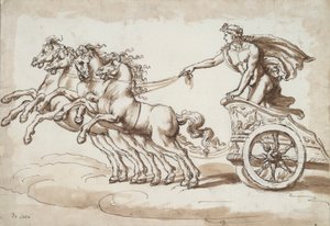 Apollo in einem von vier Pferden gezogenen Wagen
