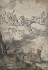 Himmlische Figuren über einer von Tod und Teufel verwüsteten Burg von Unknown