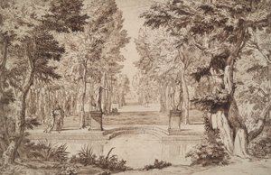Imaginäre Ansicht eines Parks mit Statuen und Paaren von Unknown
