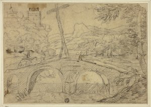 Landschaft mit Brücke (mit Kreuz) über Schlucht, mit Bergen und Schloss in der Ferne von Unknown