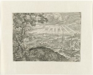 Landschaft mit Stadtansicht und strahlender Sonne von Unknown