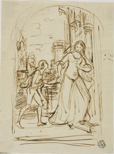 Literarische Illustration: Mittelalterliche Dame mit Page (recto); Skizzen von Figuren (verso) von Unknown
