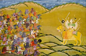 Marwar-Malerei: Die Dämonen bereiten sich auf den Kampf gegen die Göttin Durga vor, Mehrangarh Fort Palastmuseum, Jodhpur, Rajasthan, Indien