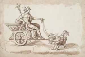 Merkur in einem von Hähnen gezogenen Wagen