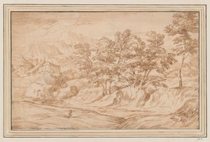 Gebirgige Landschaft mit Häusern links und Bäumen rechts von Unknown