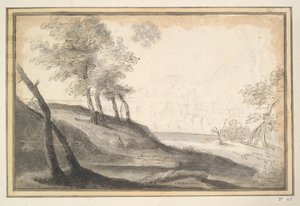 Gebirgige Landschaft mit Bäumen und Stadt in der Ferne von Unknown
