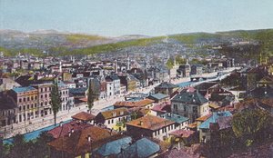 Postkarte, die Sarajevo und die Appel-Quai darstellt, 1913