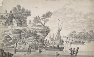 Flusslandschaft mit hohem Ufer links von Unknown