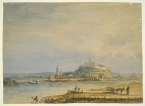 Flusslandschaft mit Stadt, Burg auf dem Hügel und arbeitenden Bauern von Unknown